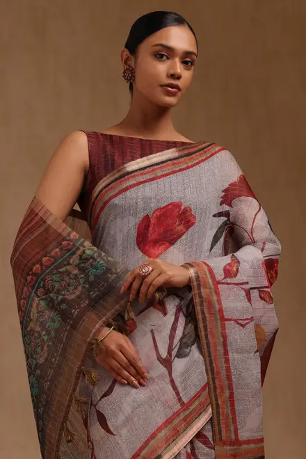 Grey Linen Botanical Print Saree